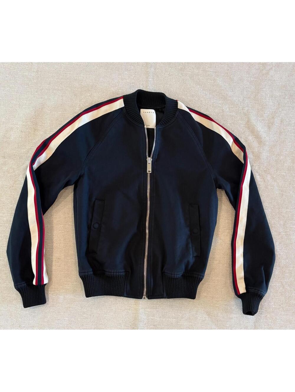 Sandro Paris Bomber Jacket Black Varsity Stripe Full Zip XS See Measurements